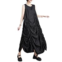 Black Sleeveless Tank Top Dress Women Folds Drawstring A-Line Dress Ankle-Length Korean Style Irregular Dresses