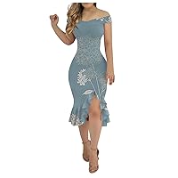 Summer Dress for Women Bow Square Neck Bell Sleeve Sheath Sundress Cutout Side Slit Floral Lace Maxi Dress