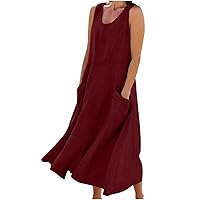 Sleeveless Linen Dresses for Women, 2023 Summer Pocket Dress Casual Scoop Neck Tank Dress Trendy Loose Fit Sundress