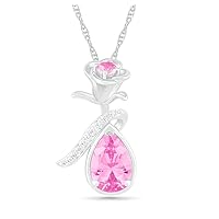 1.5 CT Pear Cut Created Pink Sapphire Rose Pendant Necklace 14K White Gold Over