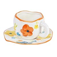 Koythin Ceramic Coffee Mug with Saucer Set, Cute Creative Cup Unique Irregular Design for Office and Home, Dishwasher and Microwave Safe, 10 oz/300 ml for Latte Tea Milk (Idyllic Flowers)