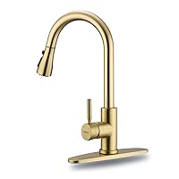 WEWE Brushed Gold Kitchen Faucet with Pull Down Sprayer, Single Handle Gold Kitchen Sink Faucet Stainless Steel Brass Copper Commercial RV 1 or 3 Hole, Champagne Bronze