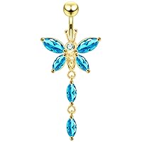 Gold Plated Aquamarine Gems Fancy Butterfly Sterling Silver Dangling Belly Ring