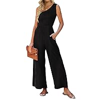 ZESICA Women's 2024 Summer Casual One Shoulder Sleeveless Smocked High Waist Loose Wide Leg Jumpsuit Romper with Pockets