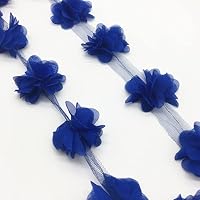 1 Yard 3D Flowers Chiffon Ribbon Lace Trim Fabric for Bridal Wedding Dress Applique Decorations Sewing Accessories (Color : Blue)