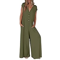 Womens Summer Casual Short Sleeve Jumpsuit,V-Neck Button Loose Fit Rompers,Plus Size Solid Colour Wide Leg Pants