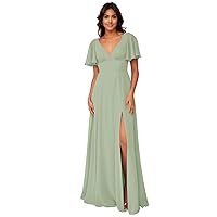 Women's Formal Bridesmaid Dress with A-Line Ruched Chiffon Butterfly Sleeves V-Neck Back Bow Pocket Custom Size