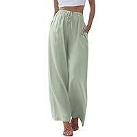 Women's Linen Pants Casual Loose High Waisted Tie Knot Wide Leg Beach Palazzo Pants Trousers with Pocket