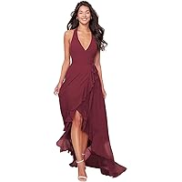 Dexinyuan Halter Chiffon Bridesmaid Dresses for Women 2022 High Low Ruffle Formal Dresses Long V-Neck Evening Gowns Mulberry 14