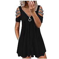 Women's Casual Loose-Fitting Summer V-Neck Glamorous Dress Swing Short Sleeve Knee Length Flowy Beach Solid Color