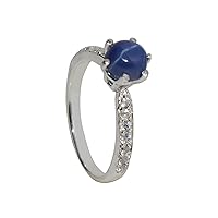 GEMHUB Round Shape 3.5 Ct Solitaire with Accents Style 6 Prong Natural Blue Star Sapphire 925 Silver Engagement Ring