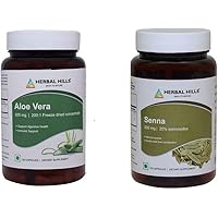 HERBAL HILLS Senna Capsules 120 & Aloe Vera Capsules 120 Count for Healthy Digestion and Detoxification Combo (Pack of 2) 240 Count