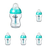 Tommee Tippee Anti-Colic Baby Bottle, Slow Flow Breast-Like Nipple and Unique Anti-Colic Venting System, 9oz, 1 Count, Clear (Pack of 5)