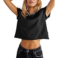 Aoang Womens Summer Short Sleeve Crewneck Crop Tops Loose Casual Solid T-Shirts Plain Short Basic Tees