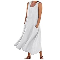Linen Shift Dress Linen Dresses for Women 2024 Solid Color Classic Casual Loose Fit with Sleeveless U Collar Pockets Summer Dress White 5X-Large
