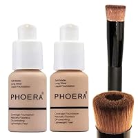Phoera Foundation Set with Makeup Brush - Matte Cream Foundation Kit with 102 (Nude) & 104 (Buff Beige) Full Coverage Concealer - 24hr Matte Oil Control - 30ml x 2