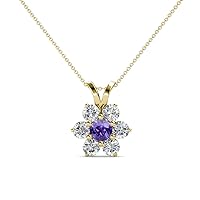Round Iolite & Natural Diamond 7/8 ctw Women Floral Halo Pendant Necklace. Included 18 Inches Chain 14K Gold