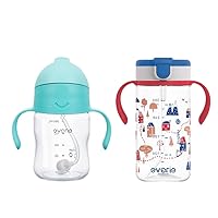 Evorie Tritan 7 Oz Weighted Straw Sippy Cup for Baby and 10 Oz Toddler Bottle with Straw and Removable Handles For School, 6 Months to 4 Year Old (Mint + Happy Valley)