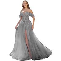 Women's Off Shoulder Prom Dress Long Split Sparkling Tulle Lace Appliques Evening Party Dress