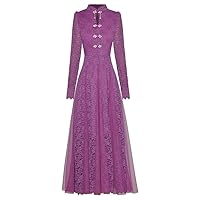 Women Autumn Lace Zipper Dress Stand Collar Long Sleeve Crystal Button Mesh Patchwork Vintage Dresses