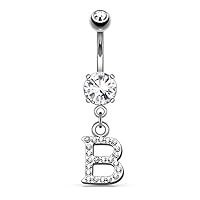 14GA Sparkly Clear Gem Paved Initial Dangle Belly Button Ring