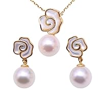 Floral 18K Gold Necklace and Earrings Pearl Jewelry Set 8-8.5mm Natural Seawater Akoya Pearl Pendant and Dangle Earrings For Bridal Wedding AAA