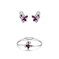 AOBOCO Sterling Silver Infinity Butterfly Earrings & Bracelet, Crystal from Austria, Butterfly Gifts for Butterfly Lovers, Anniversary Birthday Jewelry Gifts for Women