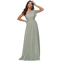 Women's Long Chiffon Bridesmaid Dresses One Shoulder Formal Evening Party Gowns with Pleated