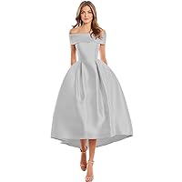 Off Shoulder Prom Dress for Women A Line Satin Midi Homecoming Dress Formal Cocktail Party Evening Gowns with Pockets