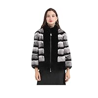 Women Genuine Rex Rabbit Fur Jacket Chinchilla Color Plus Size Patchwork Contrast Color