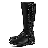 Dream Apparel Women's Harness Motorcycle Riding Boots Square Toe Biker Boots, Lace Up Knee High Boots with Side Zipper, Black PU Leather Boots Ladies