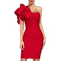 UONBOX Women's Ruffle One Shoulder Bodycon Dress Knee Length Party Club Bandage Dress