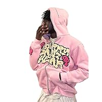 Harajuku Jacket Letter Print Coat Men Women， Pink Full Zip Hooded Sweatshirt Y2k Oversized Hoodies