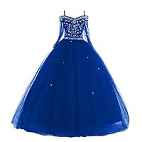 VeraQueen Girl's Princess Crystal Long Sleeves Pageant Dresses Tulle Beaded Straps Ball Gowns Flower Girl Dress