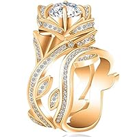 (Gold) Fashion Women 925 Silver,Gold Lotus Flower White Topaz Ring Set Wedding Jewelry (7)