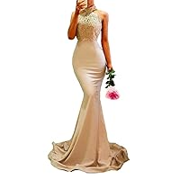 Women's Satin Lace Backless Evening Prom Dresses Mermaid Formal Party Dress