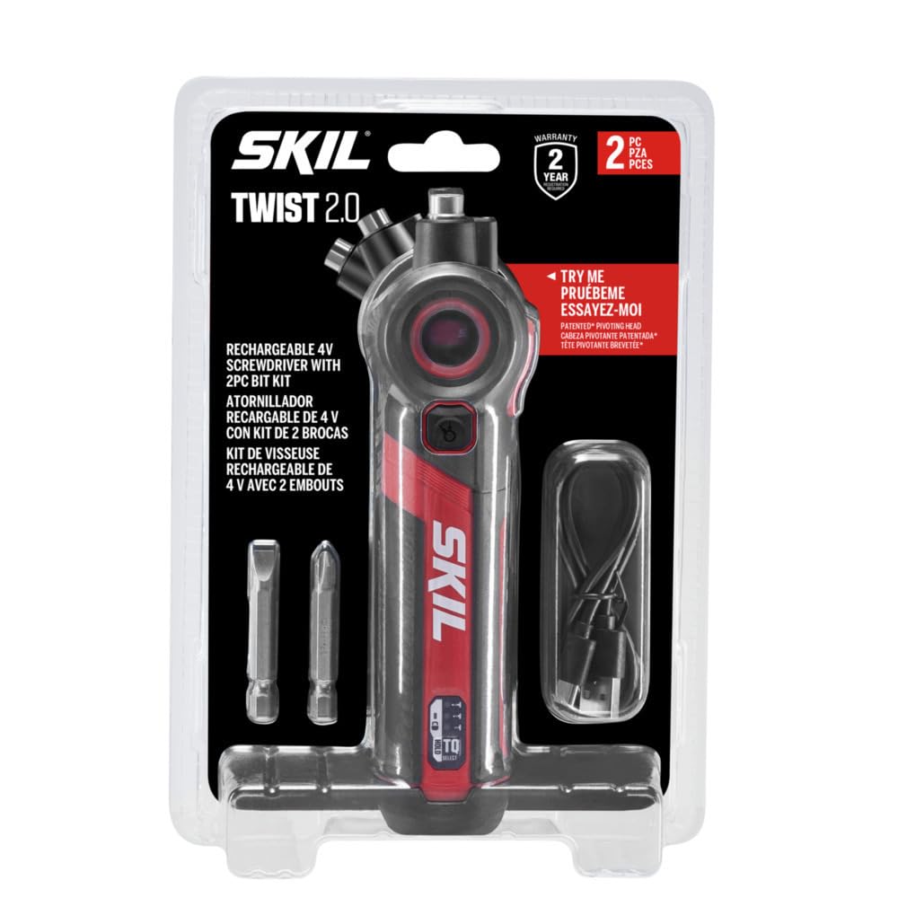 SKIL Twist 2.0 Rechargeable 4V Screwdriver with Pivoting Head, Torque Setting, USB-C Charging Cable & 2PC Bit Set-SD5619-01