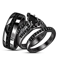 Thegoldencrafter Trio Ring Set 925 Sterling Silver Marquise Cut Black Diamond Ring Set & Men's Black Diamond Ring/Band 14K Black Gold Plated