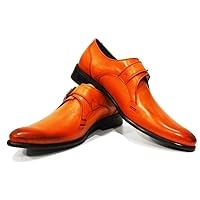 Modello Braga - Handmade Italian Mens Color Orange Monk Shoes Dress Oxfords - Cowhide Hand Painted Leather - Buckle