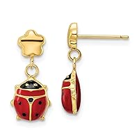 14k Gold Polished Enameled Flower With Ladybug Post Long Drop Dangle Earrings Measures 18x7.75mm Wide Jewelry Gifts for Women