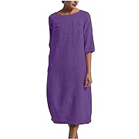 Womens Summer Medium Sleeve Cotton Linen Dress Casual Crewneck Shirt Dress Solid Plus Size Daily Dresses Loose Fit Shirts
