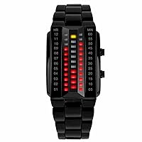 Men and Women Cool Binary Digital Watches Black Stainless Steel Unique 3D Case Matrix Red Yellows LED Light Fashion Creative Waterproof Outdoor Sports Wrist Watches