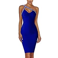 Maketina Women's Rhinestone One Shoulder Bandage Dress Midi Bodycon Dress Cocktail Party