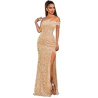 One Shoulder Sequin Prom Dresses for Women Mermaid Sparkly Long Formal Evening Party Dress with Slit