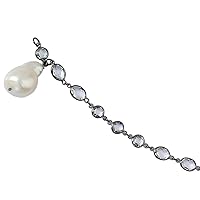 925 Sterling Silver Black Rhodium Plated White Topaz Dangle White Baroque Pearl Bracelet 7.25 Inch Jewelry for Women