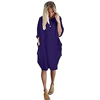 Women Loose Bodycon Drawstring Dress Plus Size Solid Crew Neck Long Sleeve Casual Stretch Short Dresses with Pockets