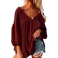 SHEWIN Plus Size Tops for Women 2024 Trendy V Neck Solid Color Batwing Long Sleeve Fall Blouses for Women Dressy Casual,(US 18-20) 2XL,Red