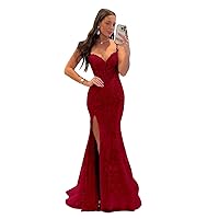 Women's Mermaid Lace Appliques Prom Dresses 2024 Long Spaghetti Straps V Neck Formal Evening Party Gowns with Slit