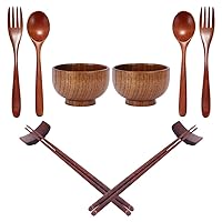 2 Sets of Wooden Tableware - 2 Pcs Bowl, 2 Pairs of Chopsticks, 2 Sets Wooden Spoon Fork, 2 Pcs Chopstick Holders Handicraft Kitchen Household Tools