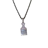 Men Women 925 Italy Iced Silver Iced Barber Hair Comb Pendant Charm Ice Out Pendant Stainless Steel Real 2 mm Rope Chain Necklace, Mens Jewelry, Iced Pendant, Rope Necklace